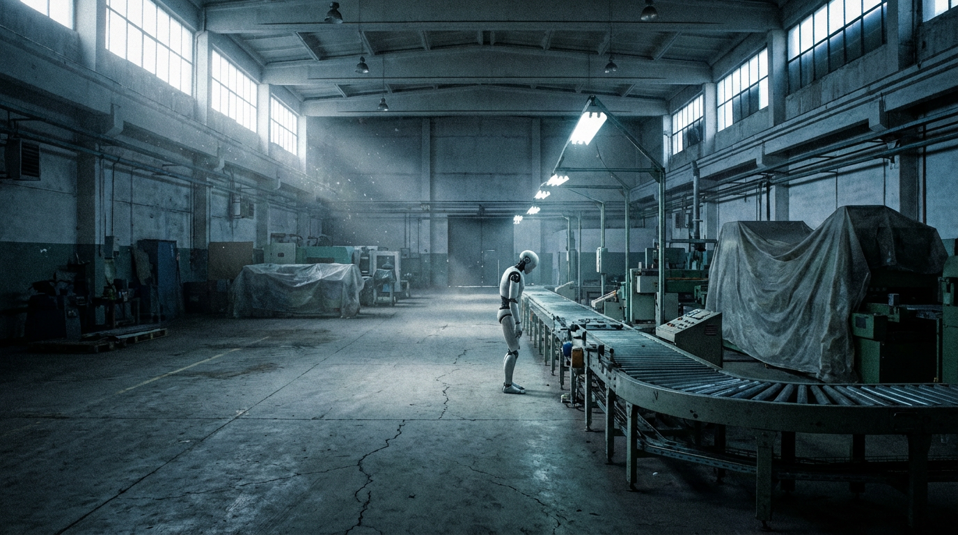 A lone humanoid robot standing in a vast, empty factory floor next to a conveyor belt