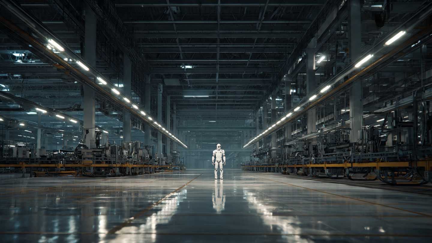 A lone humanoid robot standing idle on a vast empty factory floor, conveyor belts stretching into the distance