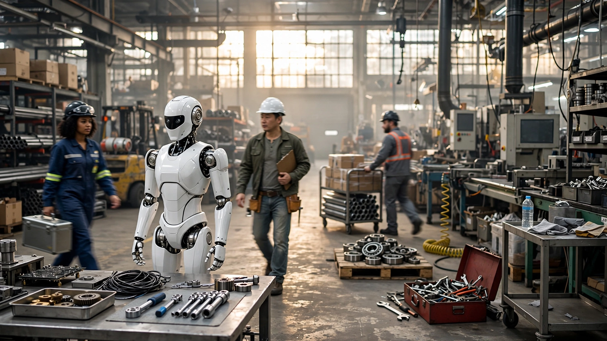 A humanoid robot and a factory worker standing side by side on a manufacturing floor, with a cost comparison chart projected between them