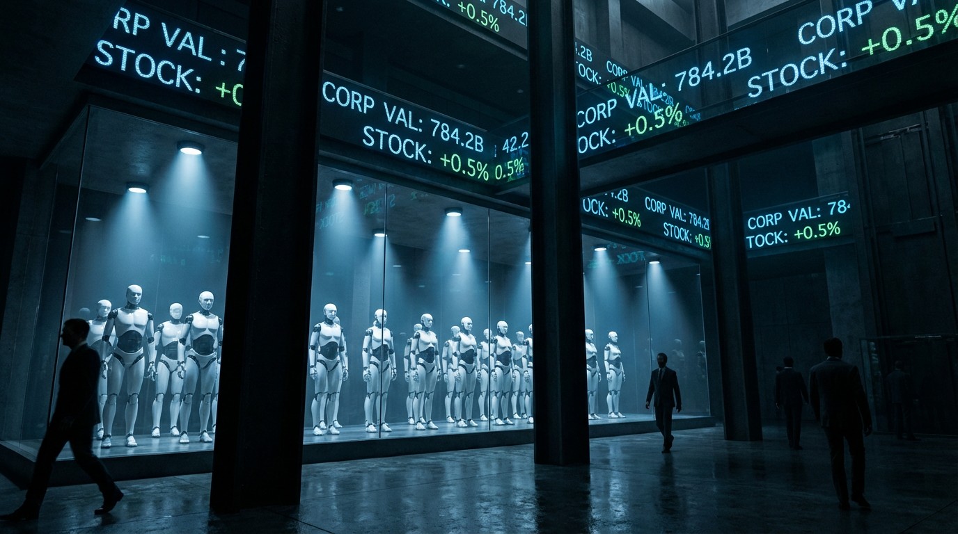 Row of humanoid robots in a dimly lit factory warehouse, one illuminated by a spotlight while investors in suits observe from behind glass