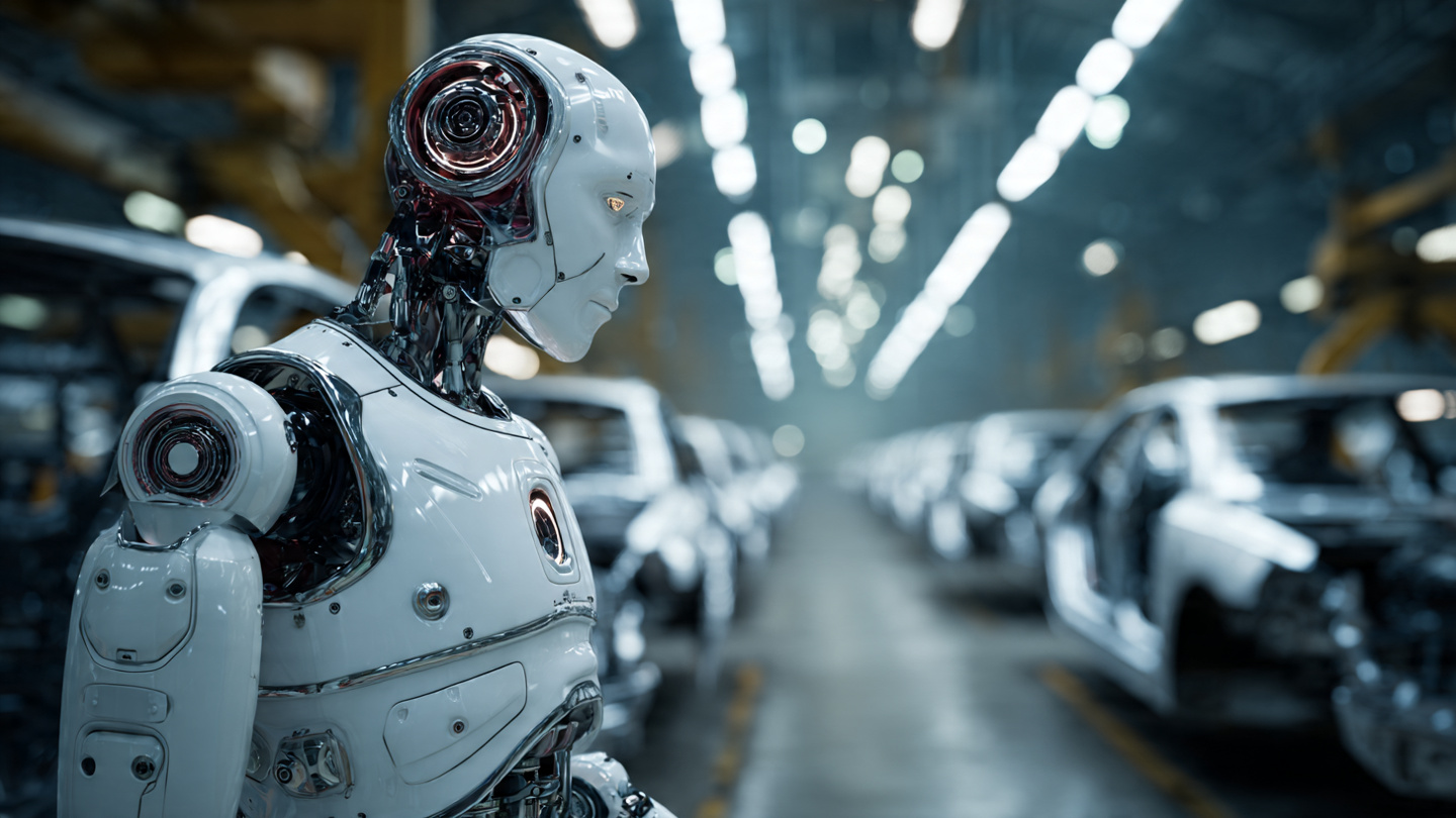 A modern factory floor with humanoid robots working alongside automated assembly lines, dramatic overhead lighting casting long shadows across the production floor