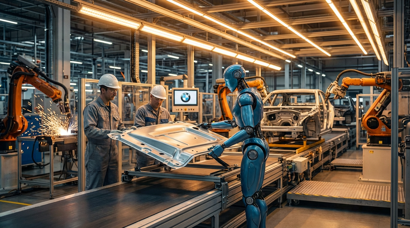 Humanoid robot working alongside humans on a modern automotive assembly line