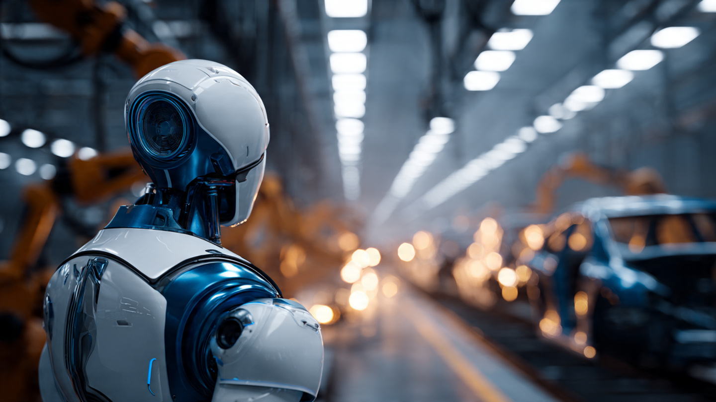 A humanoid robot stands motionless on an automotive assembly line next to an empty worker station, factory floor stretching into the distance