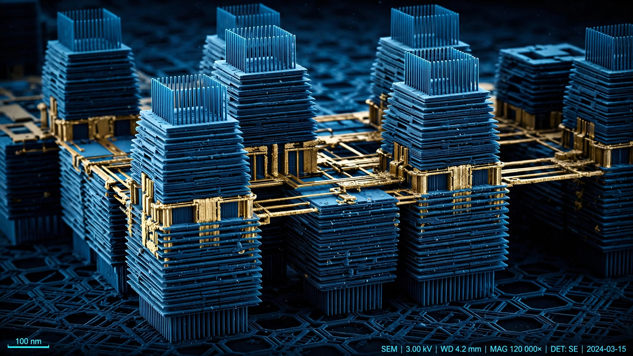Extreme macro photograph of vertically stacked semiconductor transistor structures in deep blue and cyan tones with gold interconnects
