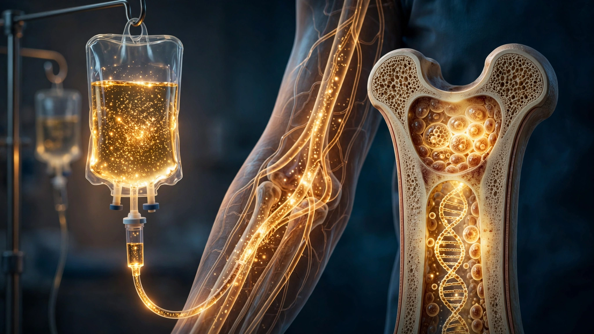 A photorealistic clinical scene showing a simple IV infusion bag containing luminescent golden nanoparticles, connected to a patient's arm, with a faint glow traveling through the vein toward the skeleton where bone marrow glows with targeted edits, rendered in deep medical blue and warm amber tones