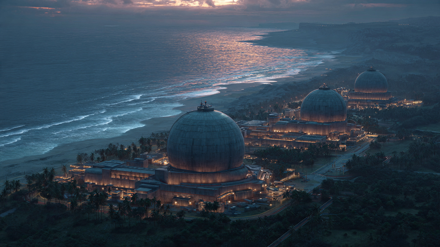 Aerial view of the PFBR dome at Kalpakkam, Tamil Nadu, sodium-cooled fast breeder reactor complex at dusk with the Bay of Bengal in the background