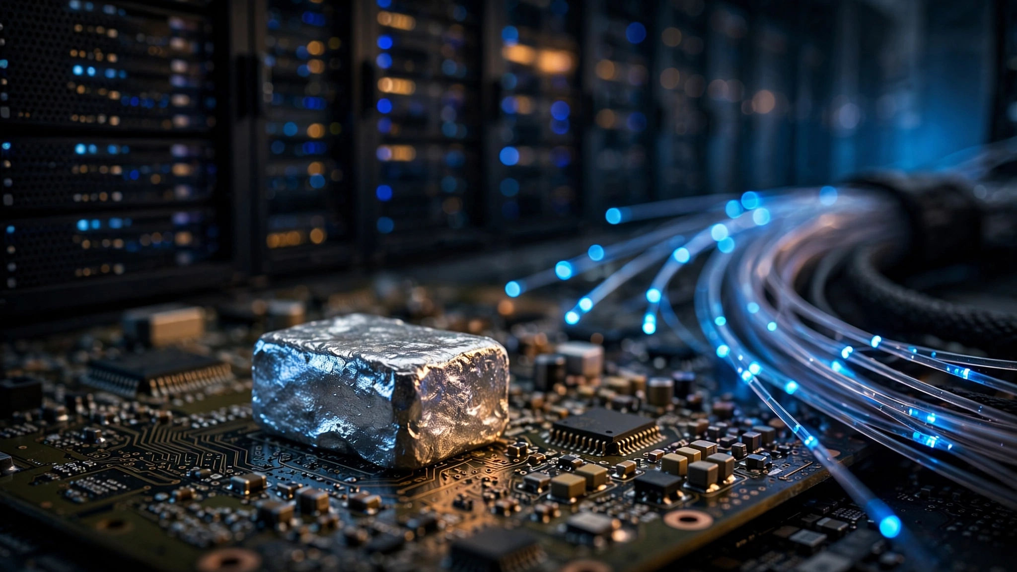 A silvery metallic ingot of indium reflecting blue-tinted light from racks of optical transceivers in an AI data center