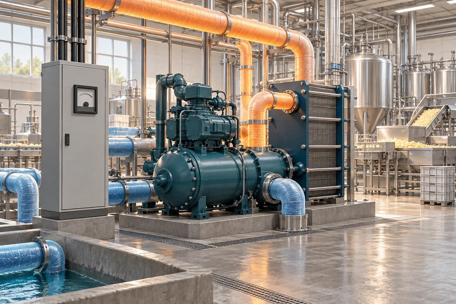Editorial illustration of an industrial heat pump beside a factory electrical meter and insulated process pipes