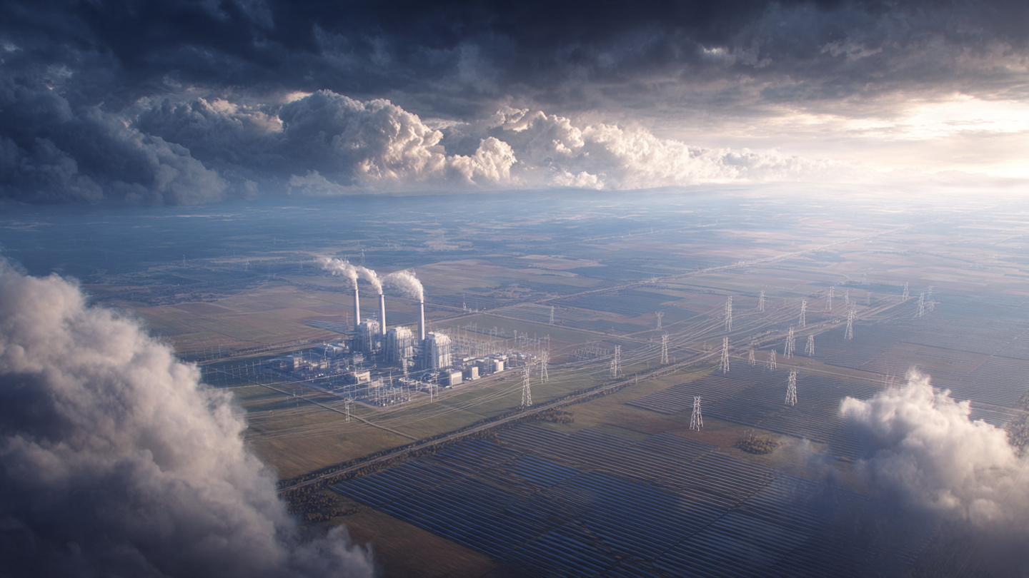 Rows of high-voltage transmission towers stretching toward a distant horizon, with construction cranes building a natural gas plant in the foreground