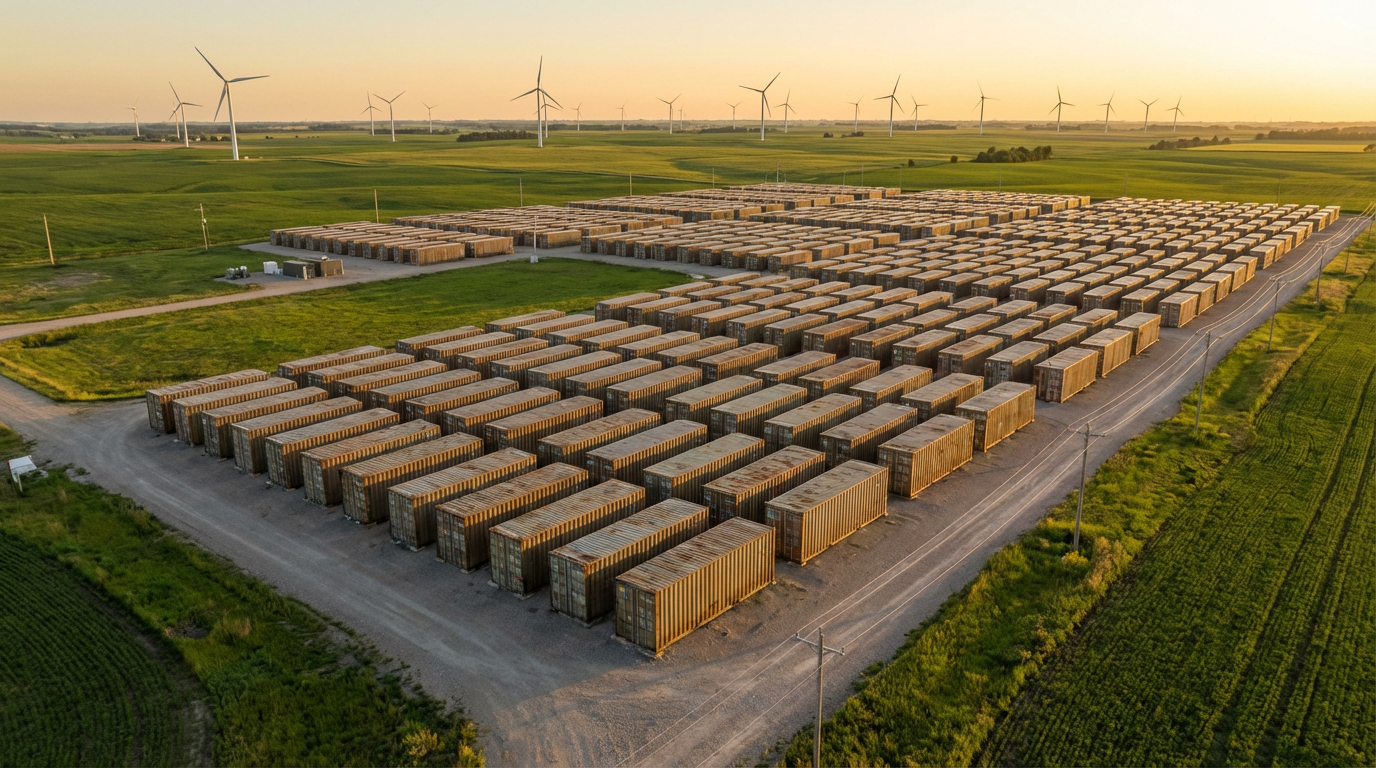 Massive iron-air battery installation across Minnesota farmland with wind turbines in background