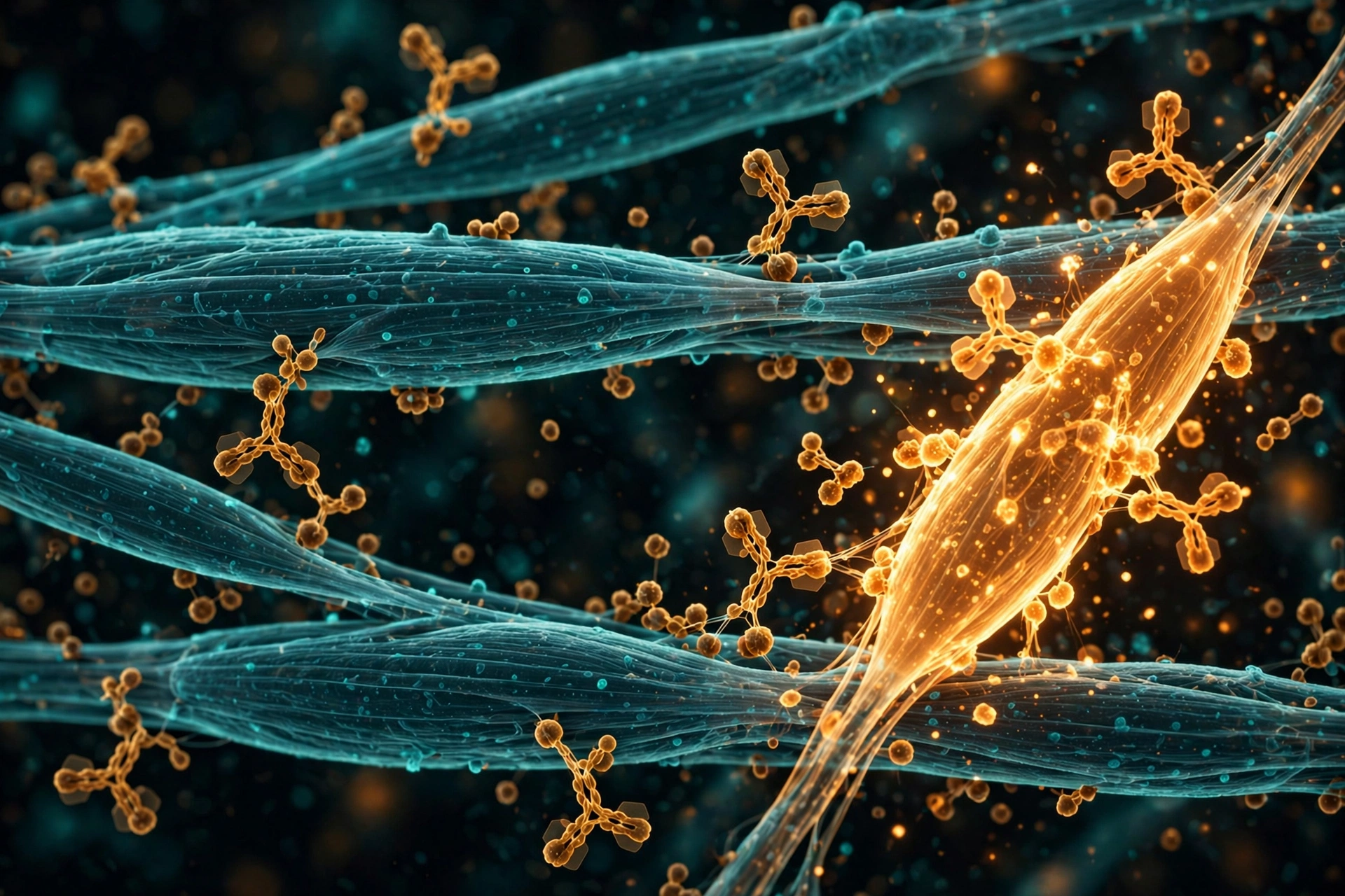 Microscopic view of skeletal muscle fibers with Y-shaped antibody molecules docking onto myostatin proteins, one fiber regenerating and brightening