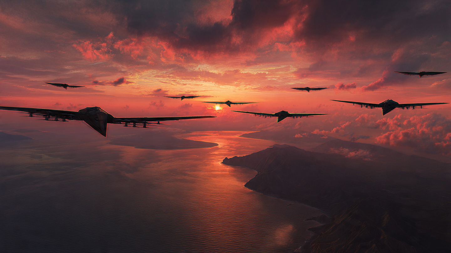 Autonomous military drones flying in formation over Japanese southwestern islands