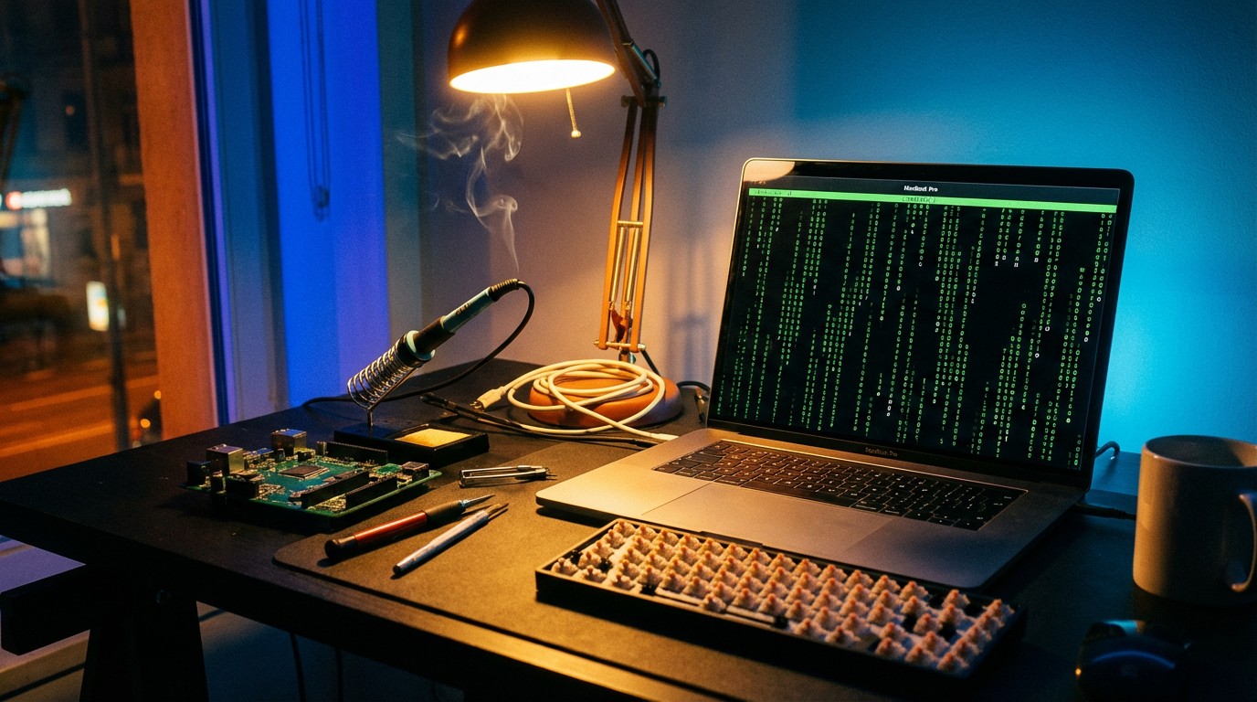 Soldering iron meets terminal window, a Mac studio desk with llama.cpp compilation output glowing on screen