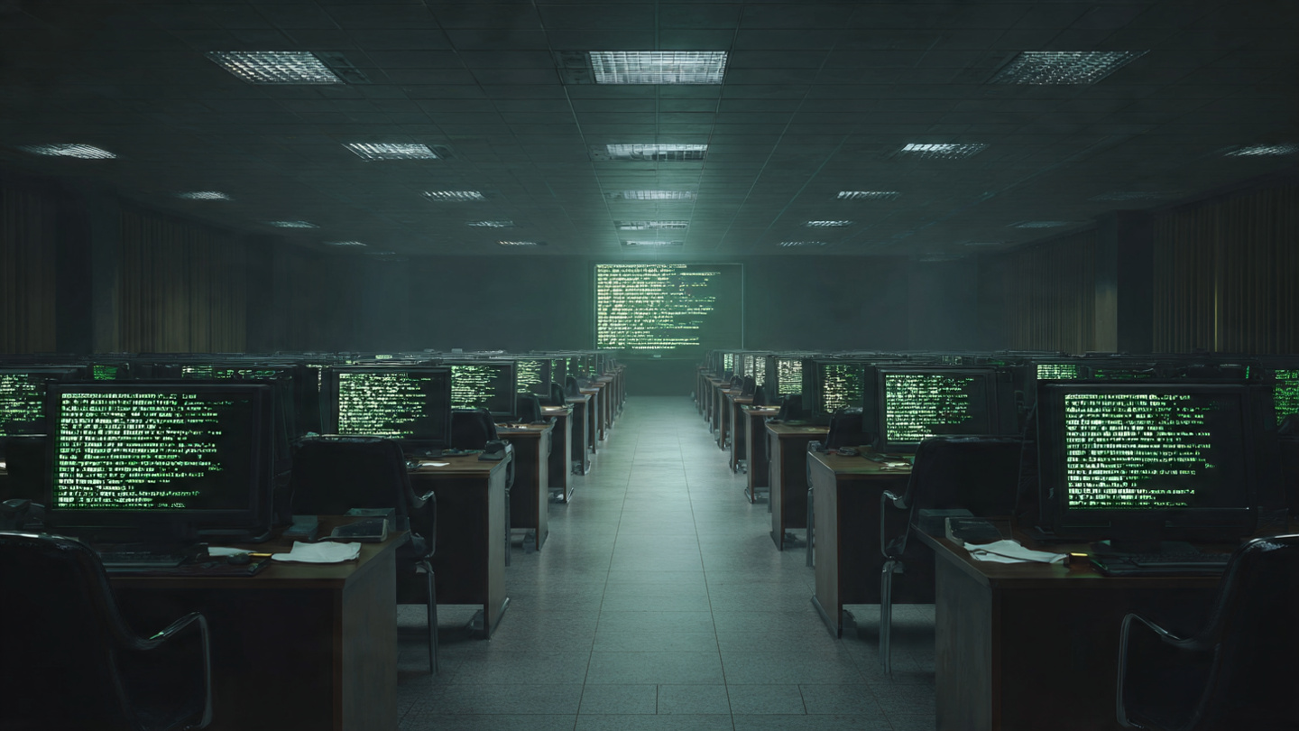 An empty university computer lab with rows of dark monitors, a single screen glowing with code in the distance