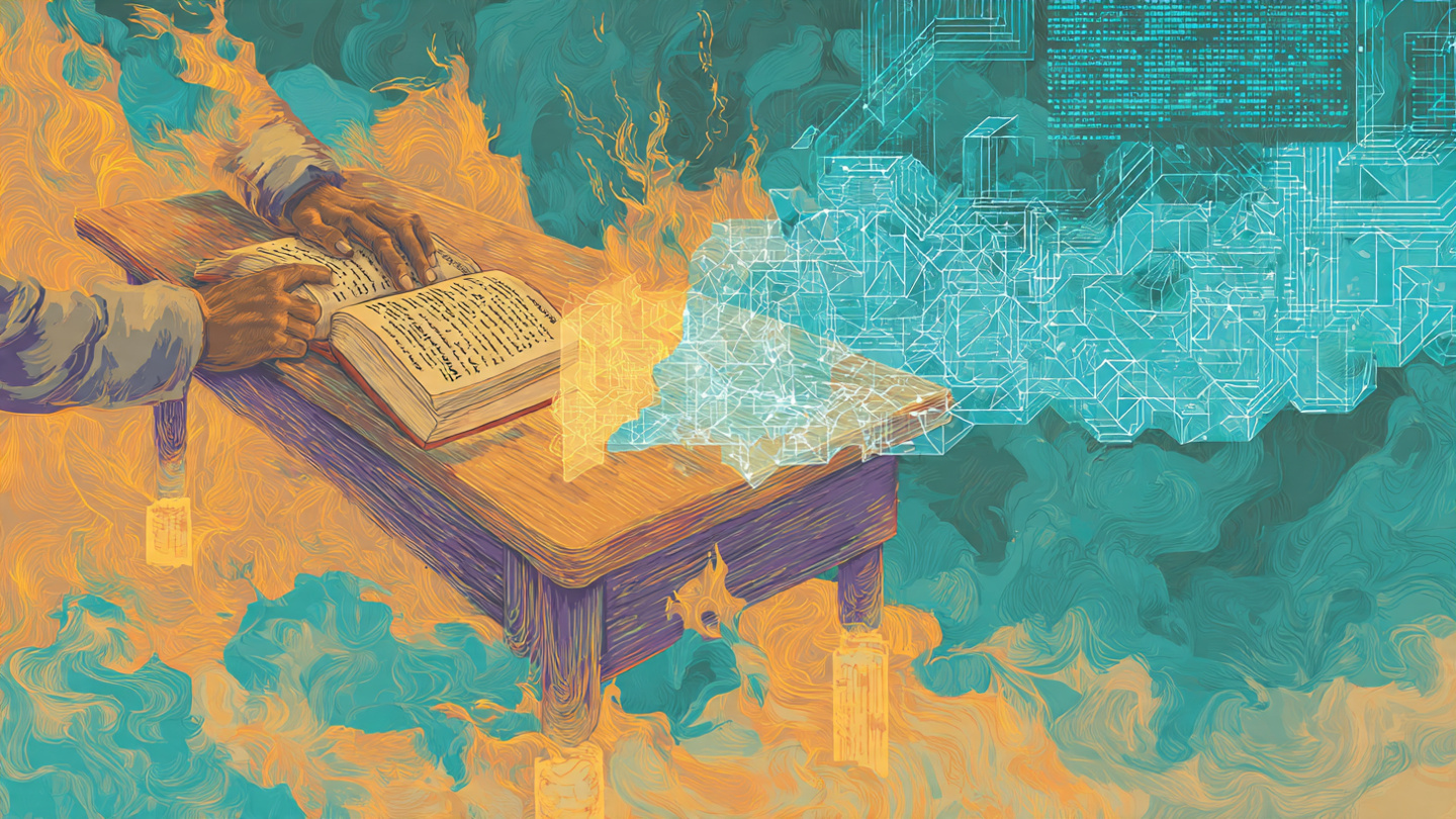Abstract illustration of traditional and digital education merging