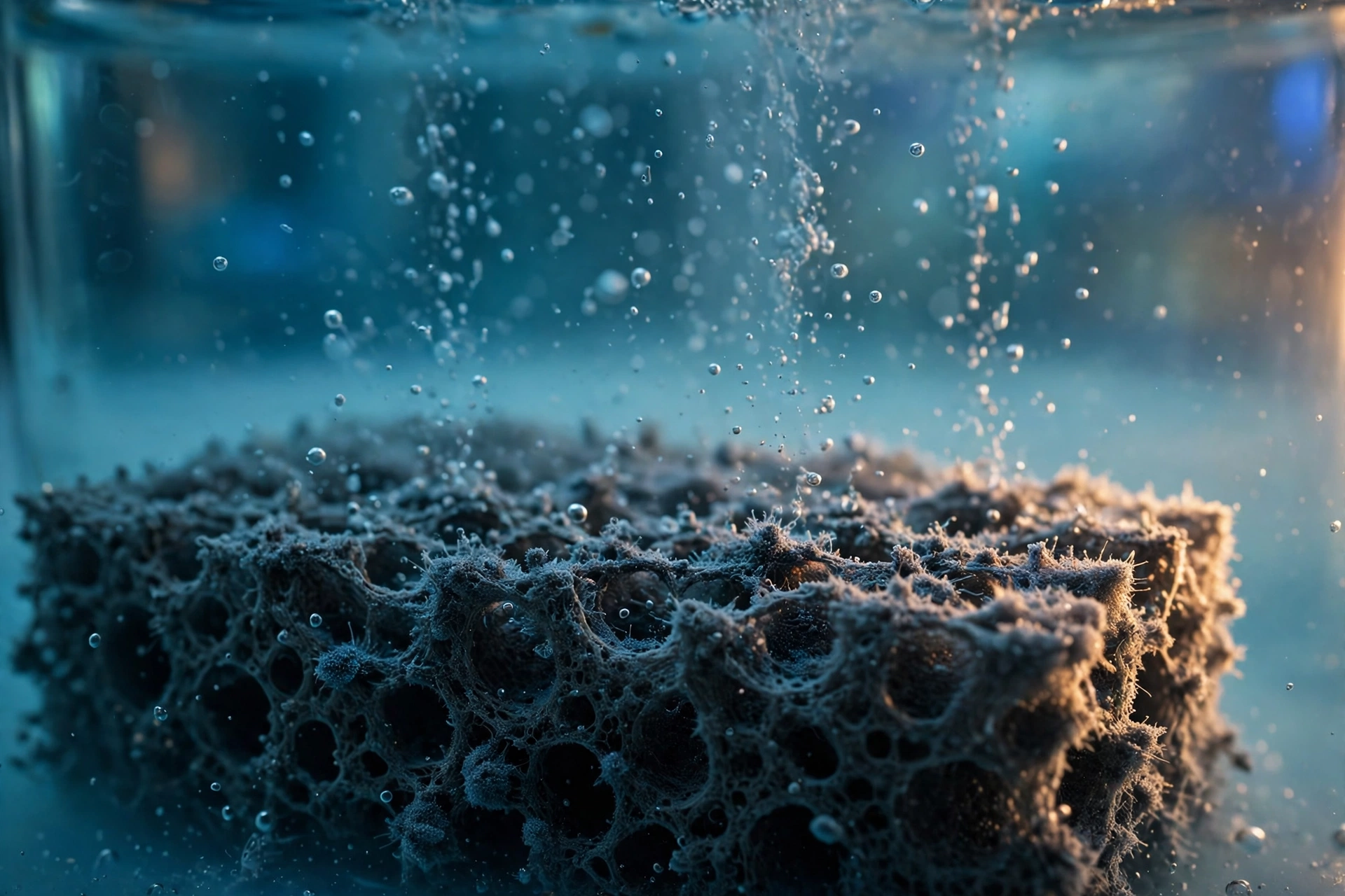 Close-up of a nickel foam electrode coated in dark catalytic nanostructure, hydrogen bubbles rising through alkaline electrolyte in a laboratory electrolysis cell