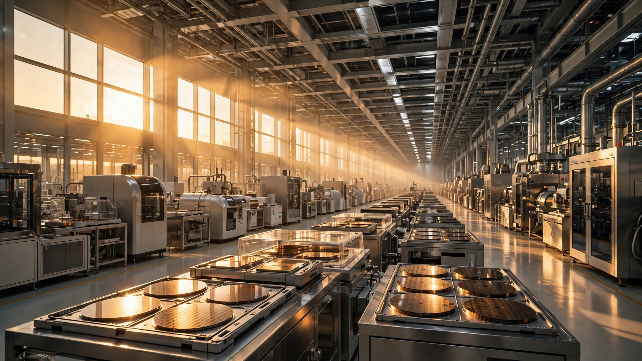 A dramatic semiconductor fabrication facility interior bathed in golden light, with wafer processing equipment and silicon wafers reflecting the glow