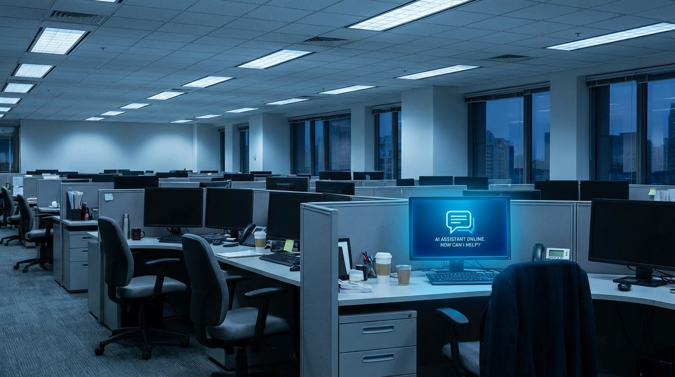 Empty office floor with a single glowing AI chatbot terminal