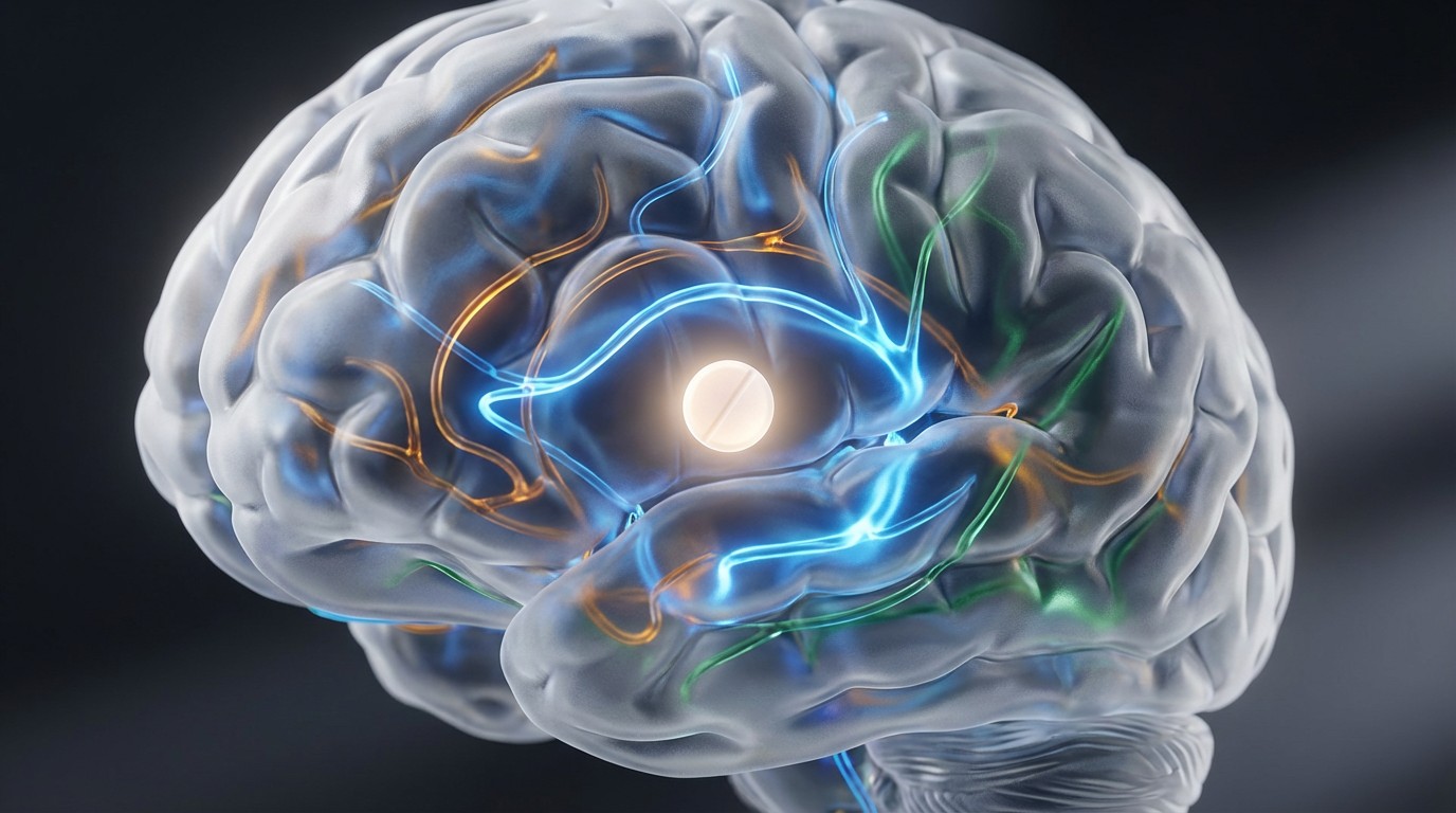 Abstract visualization of neural reward pathways and pharmacological intervention