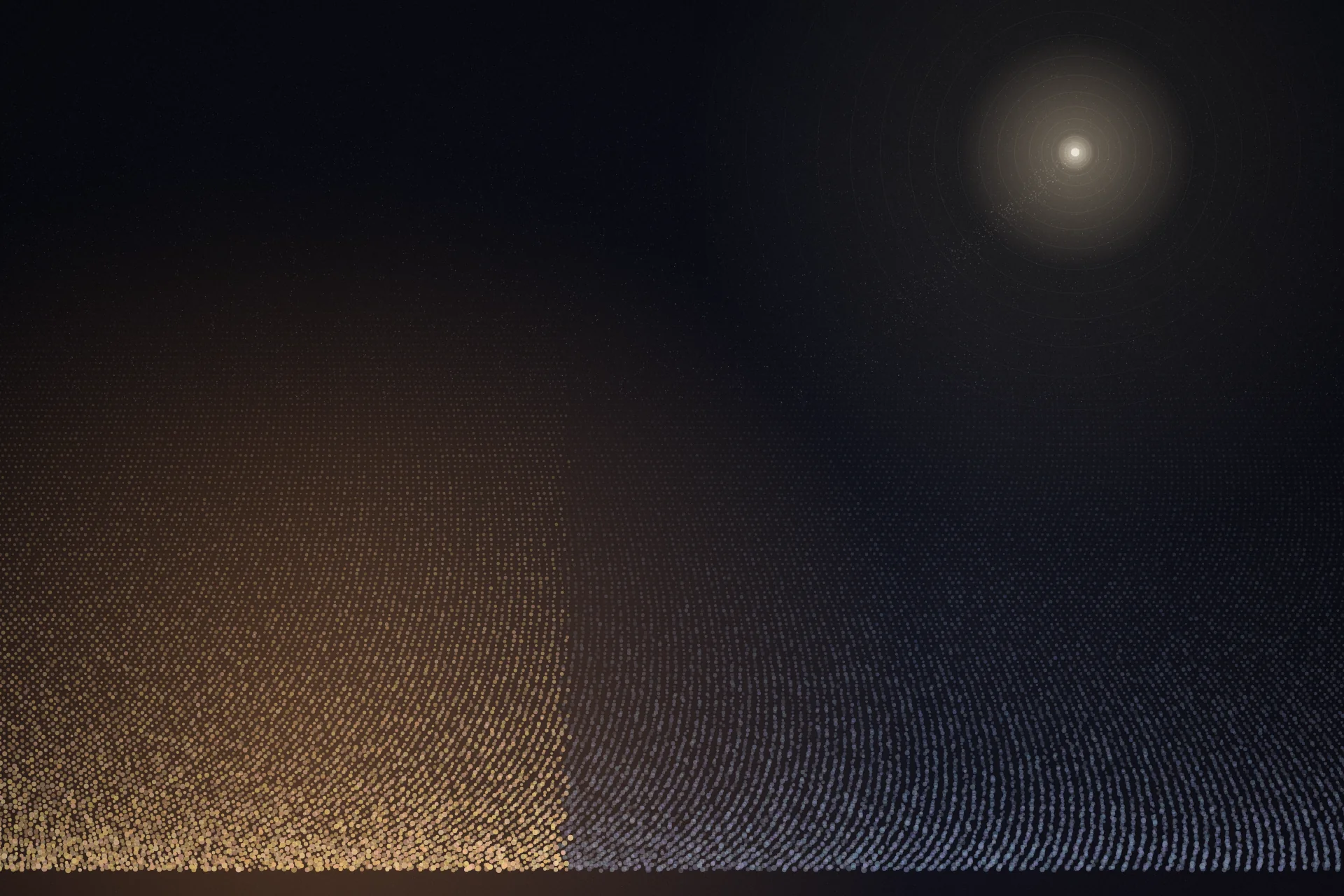 Illustration: a vast field of tiny grains in perspective, a warm-lit portion on the left for the doses the funders secured and the cold remainder for the shots planned but unsupplied, with one bright grain apart on the right for the American price