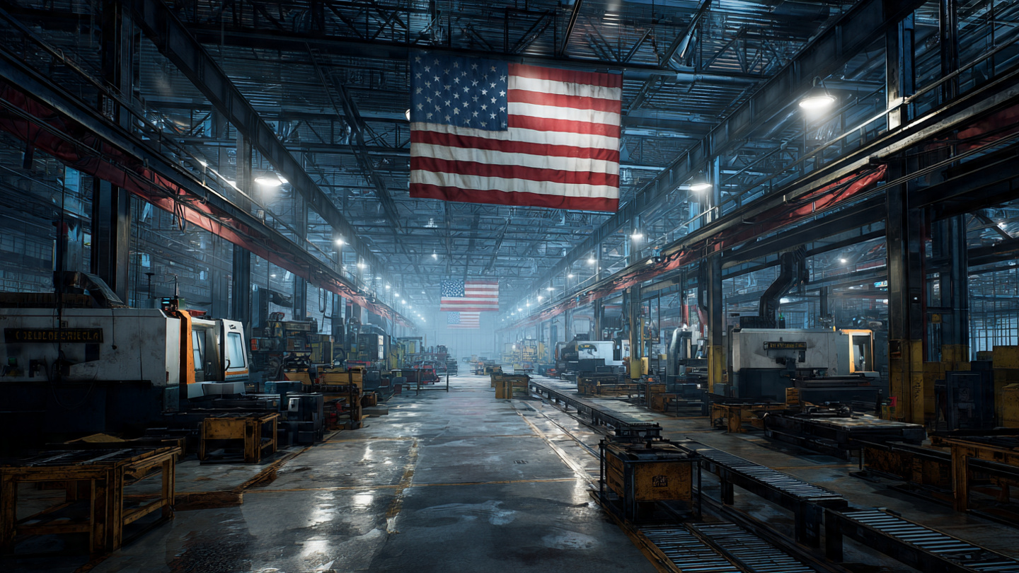 An empty American factory floor with idle CNC machines, dust settling on conveyor belts, a large American flag hanging from steel rafters, harsh fluorescent lighting