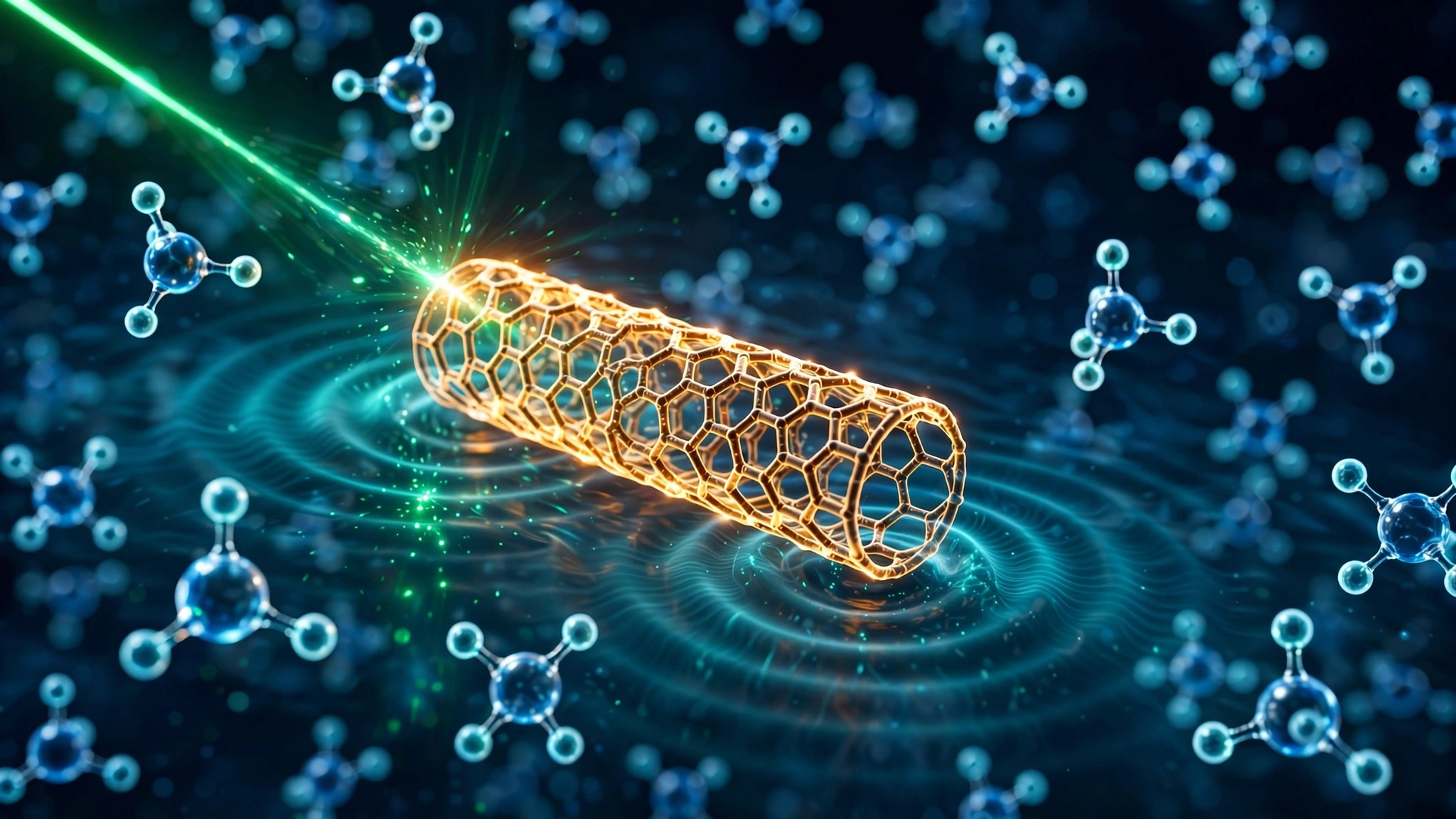 Carbon nanotube suspended in water illuminated by green laser light with surrounding water molecules shown at atomic scale