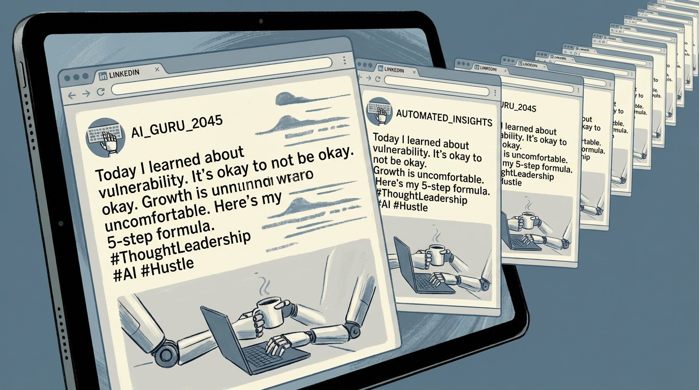 A sterile corporate office hallway stretching into infinity, each doorway revealing an identical person in a blue suit typing the same LinkedIn post on identical laptops