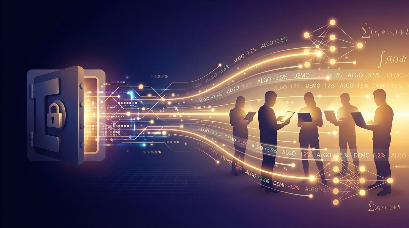 Algorithmic trading patterns flowing from a massive server room into thousands of individual portfolio streams, abstract visualization of personalization at scale