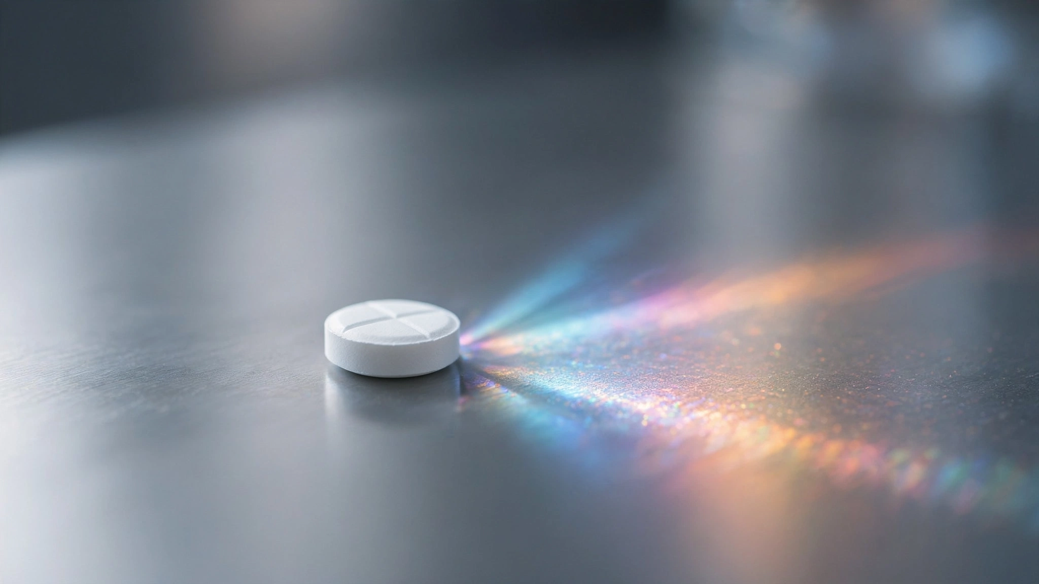 A single white pharmaceutical tablet on a clinical steel surface, prismatic light refracting around it