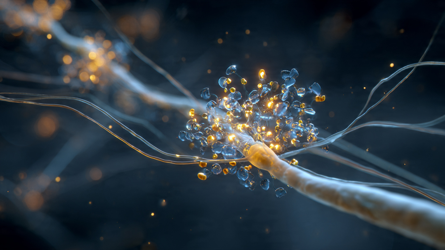 Microscopic biohybrid robots with glowing magnetoelectric cores navigating through neural tissue toward a spinal cord injury site, rendered in blues and golds