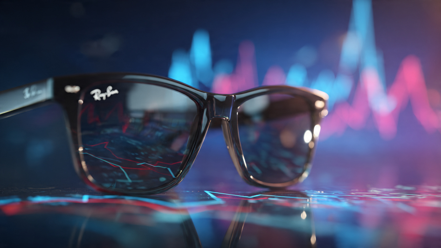 Ray-Ban Meta smart glasses on a table with abstract visualization of dollar signs and adoption curves rising behind them