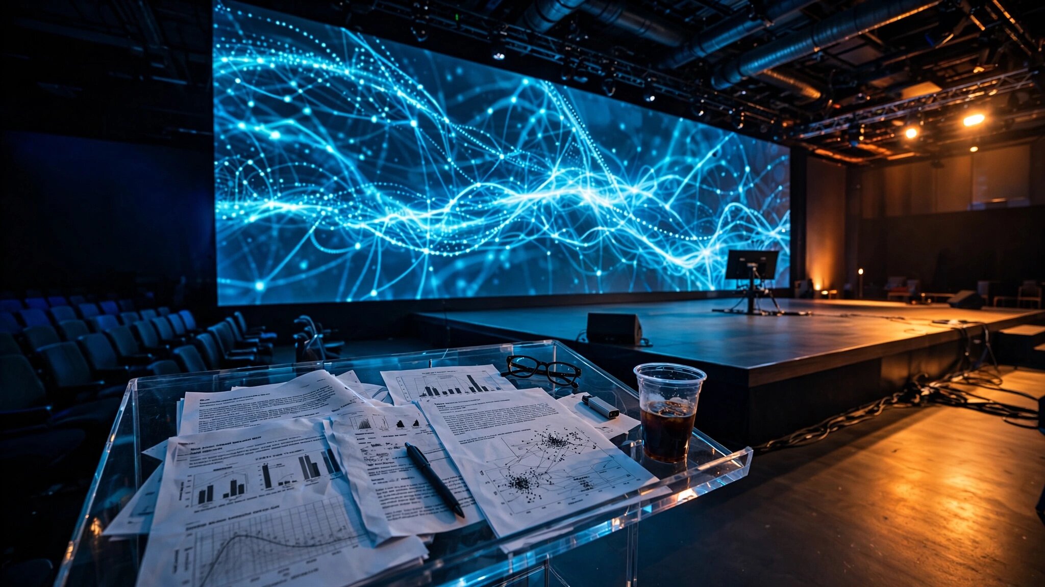 A corporate conference stage with LED screens displaying flowing data visualizations, a podium in the foreground with scattered technical documents