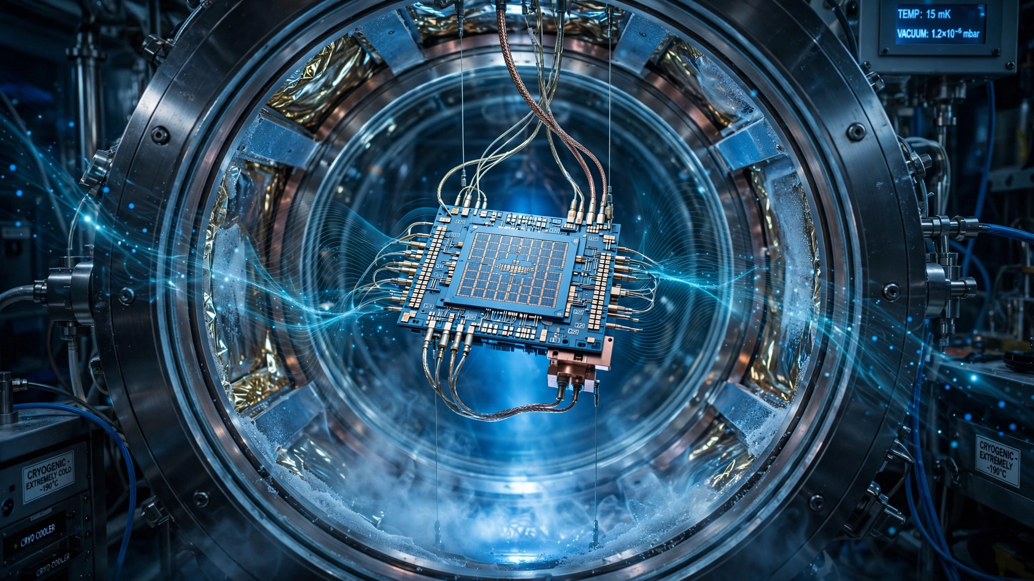 A quantum computing chip rendered in cool blue tones suspended in a cryogenic chamber, with faint particle traces suggesting elusive Majorana fermions that may or may not exist