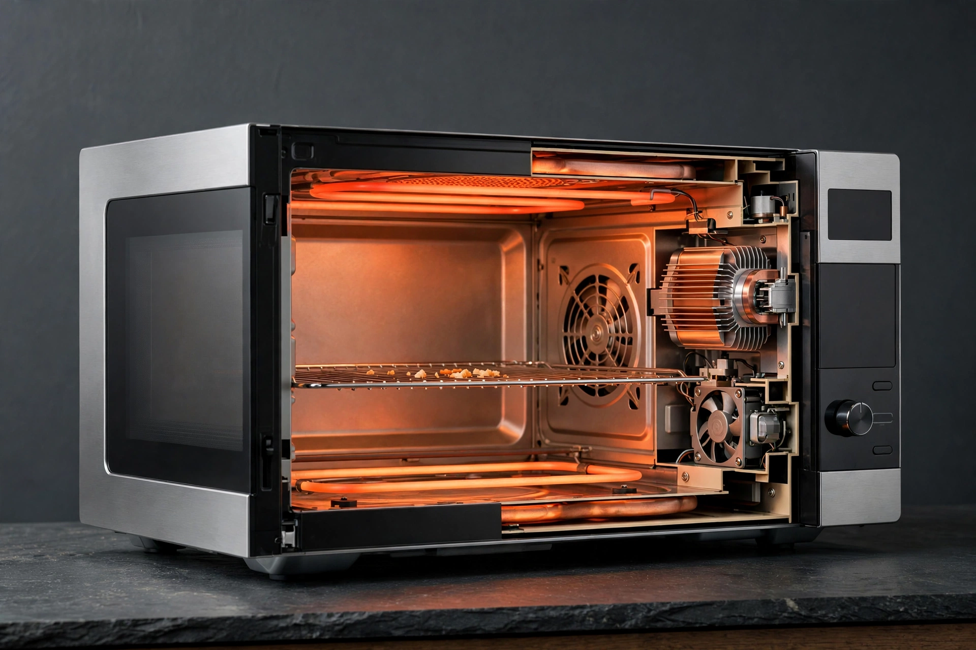 A modern microwave-toaster oven combo appliance with a glowing interior, cutaway view