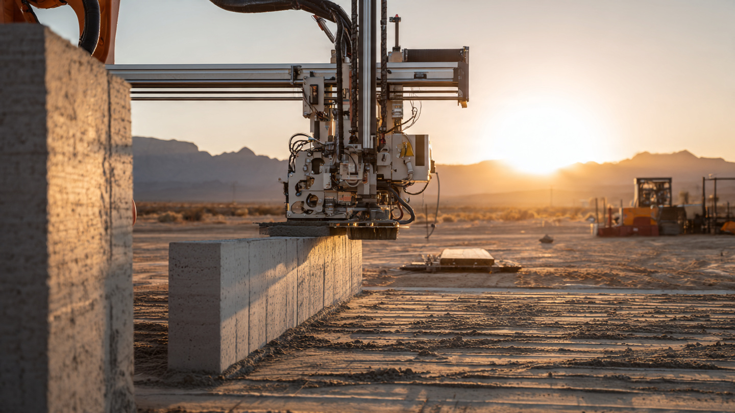 Large robotic 3D printer extruding concrete walls on a military barracks construction site in the desert at Fort Bliss Texas