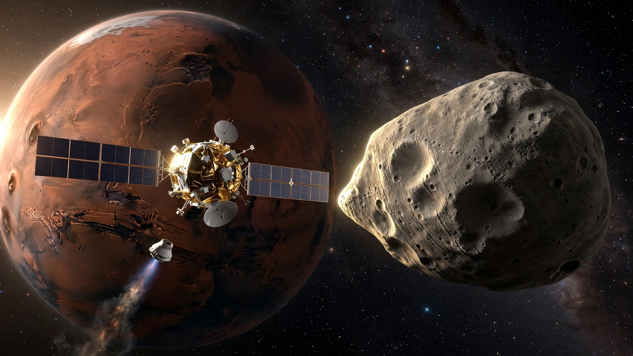 A spacecraft approaching the cratered potato-shaped moon Phobos with Mars looming large behind it, a small sample capsule separating, deep space, no text