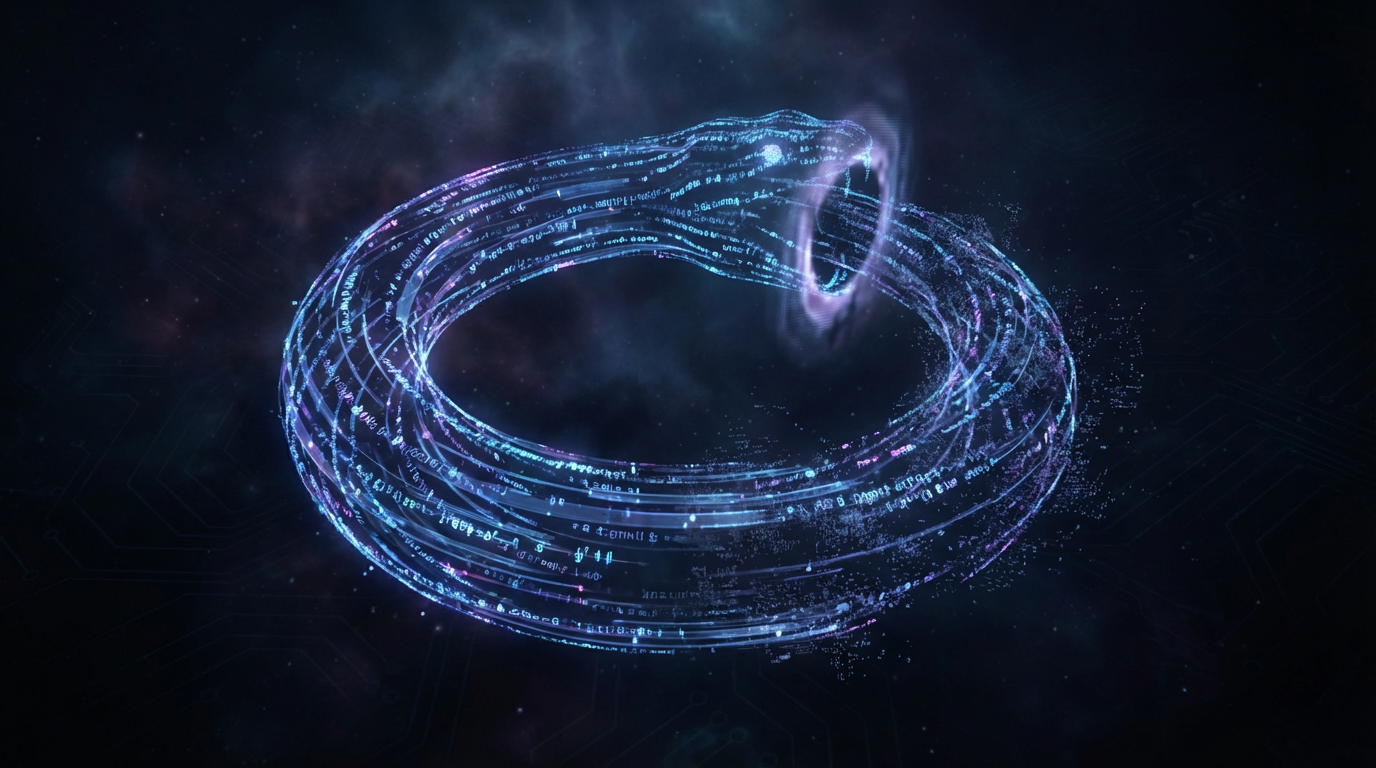 Abstract ouroboros of digital data streams consuming itself, representing AI model collapse