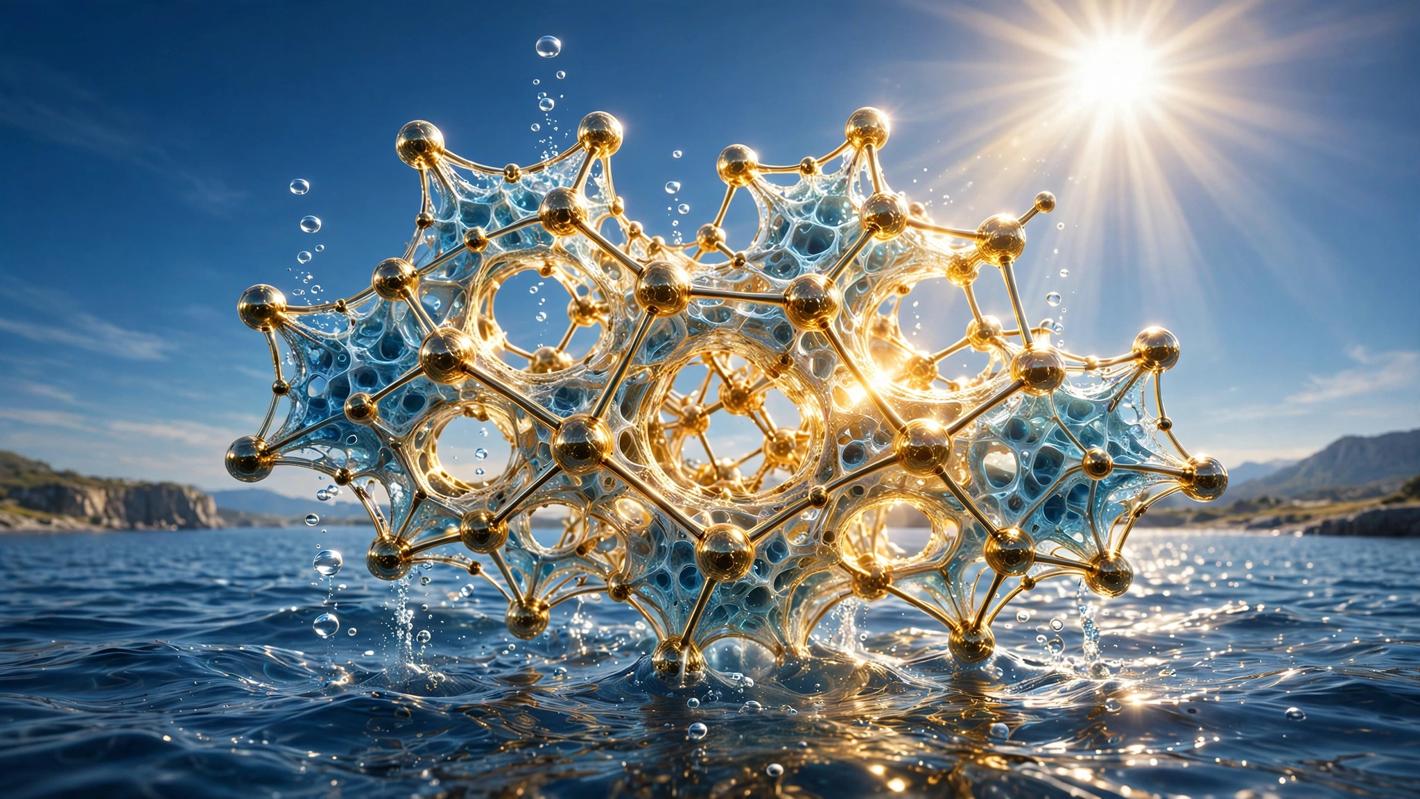 A golden crystalline lattice glowing in sunlight above rippling blue water, with hydrogen bubbles rising from its facets