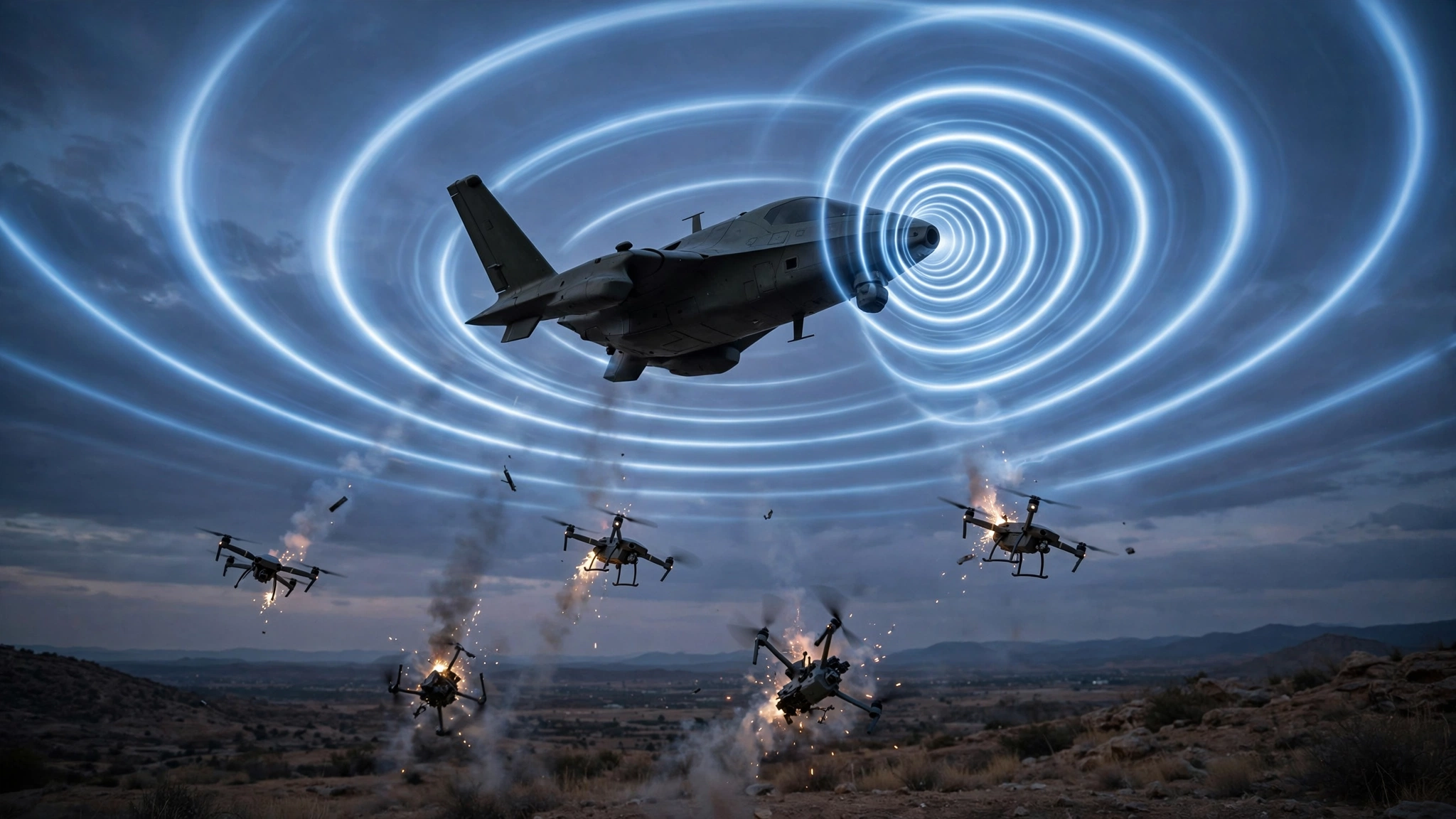 A military drone emitting electromagnetic pulses disabling a swarm of smaller quadcopters falling from a twilight sky