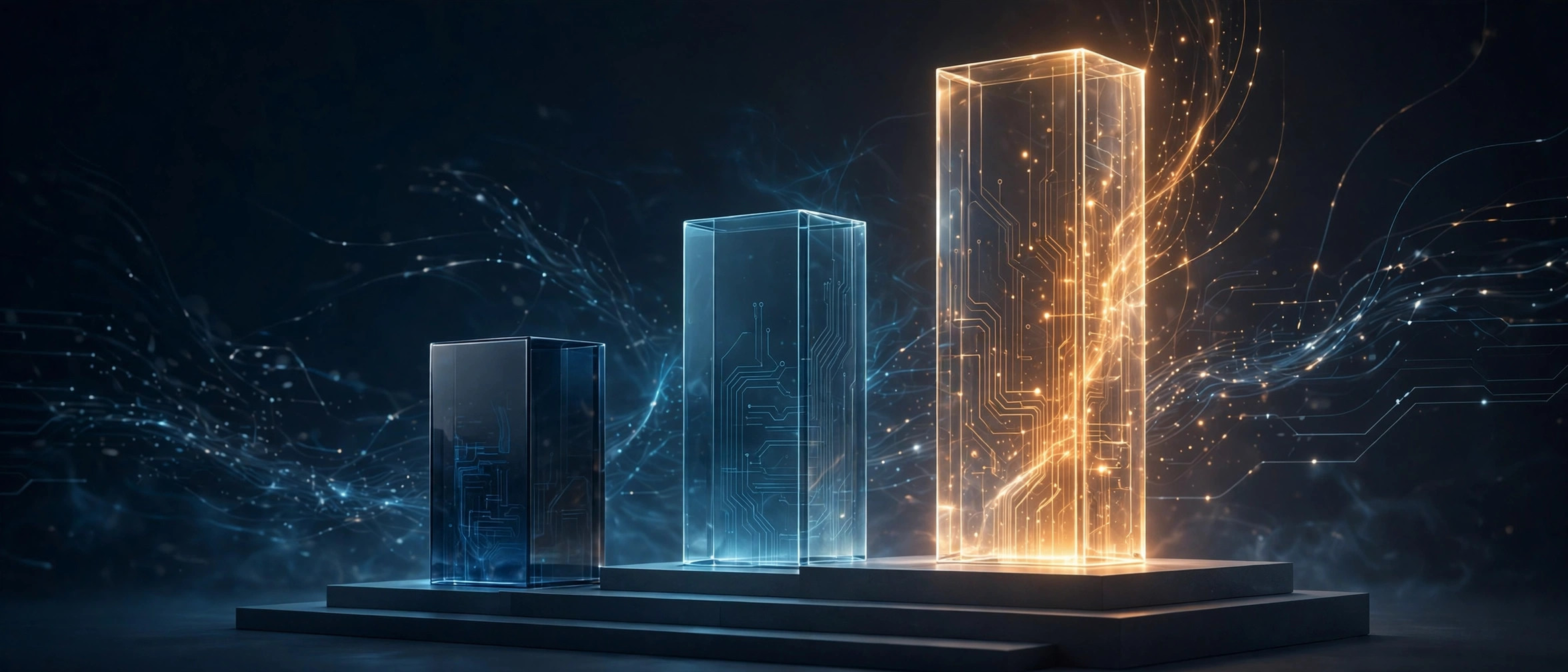 Glass monoliths on a podium, the tallest glowing amber, an abstract leaderboard