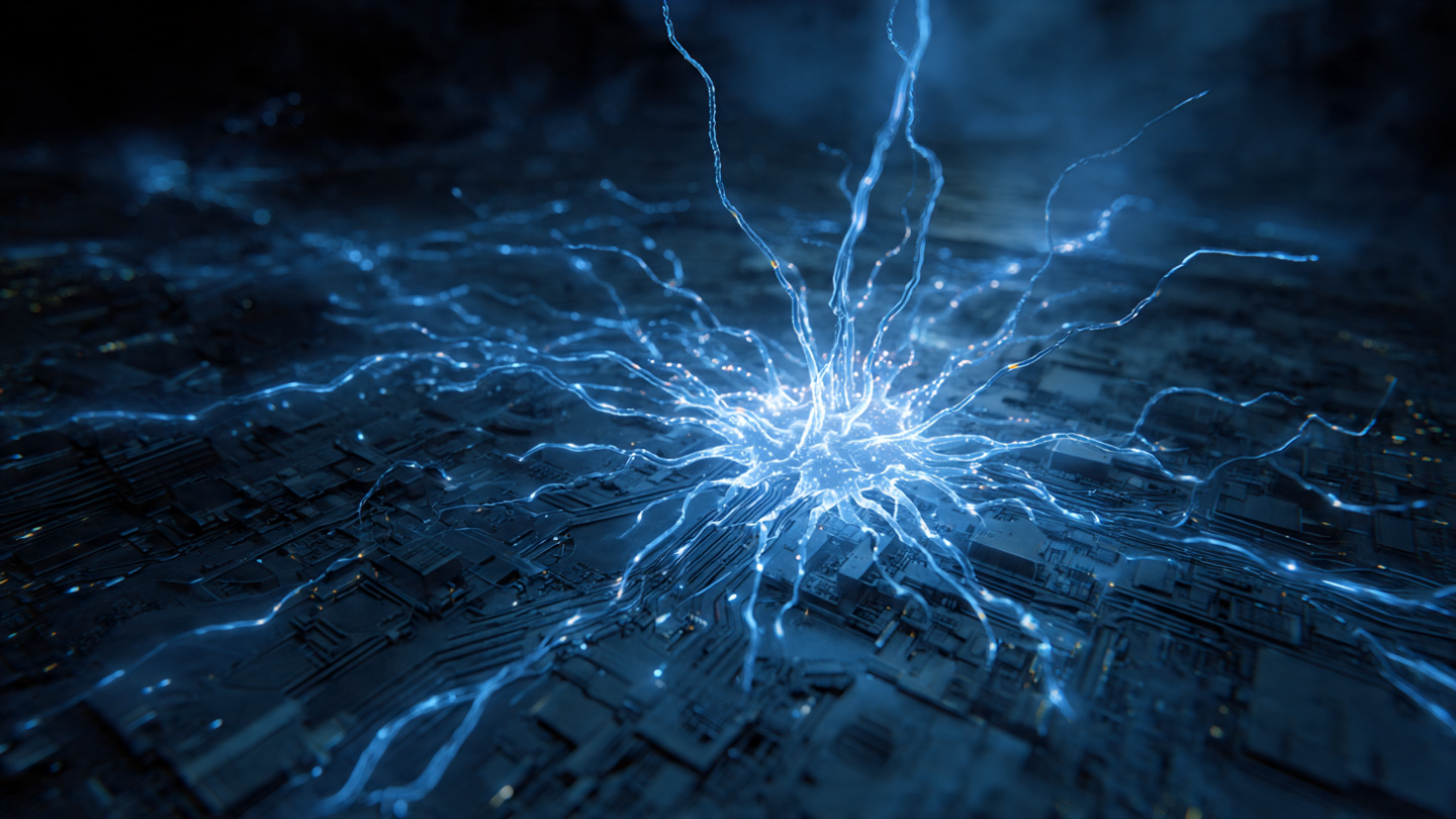 Abstract neural network spreading across dark circuit board landscape