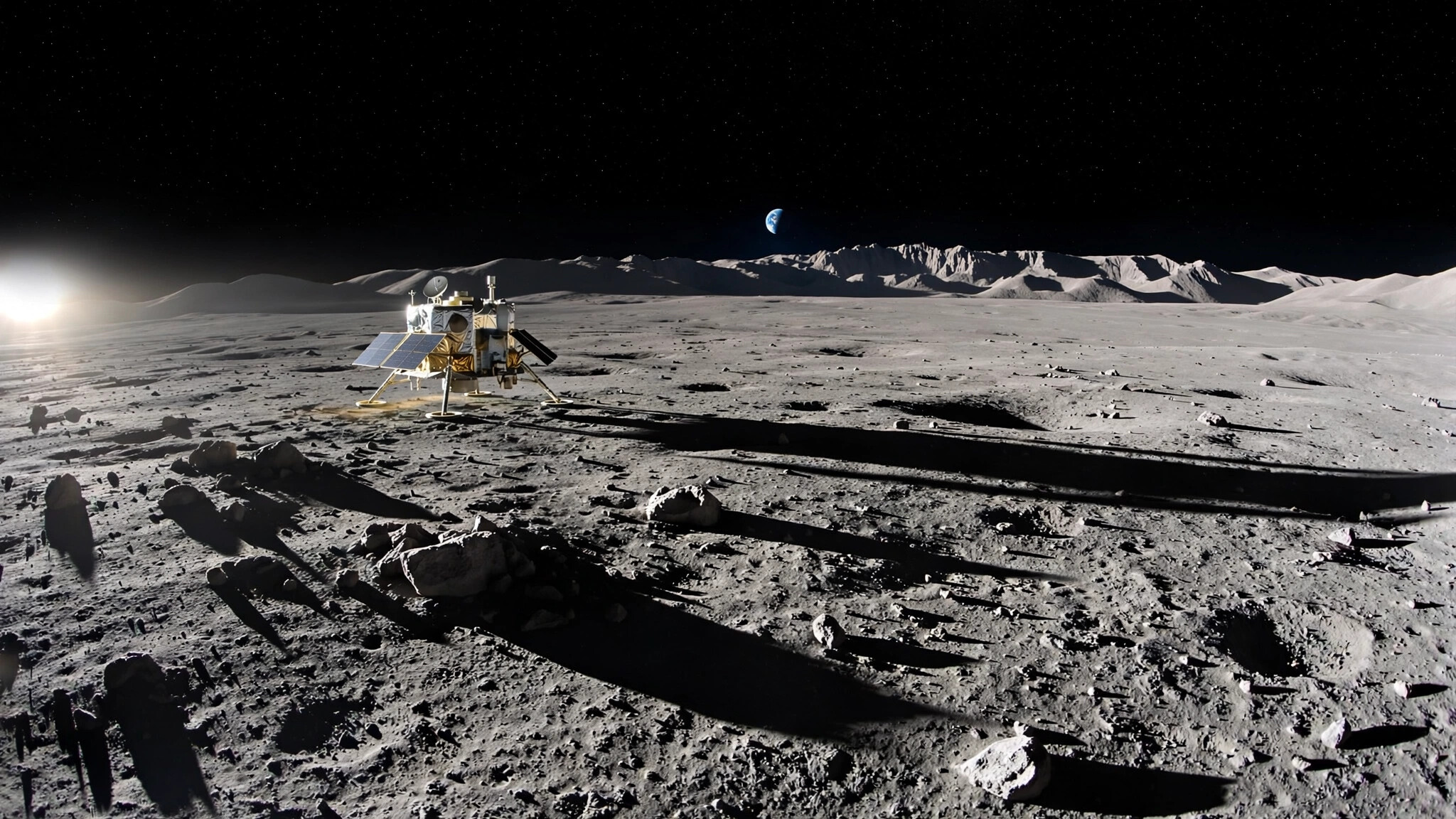 Desolate gray lunar surface at the south pole with long shadows stretching across cratered terrain, a small cluster of modular habitat structures and solar panels dwarfed by the vast empty expanse around them