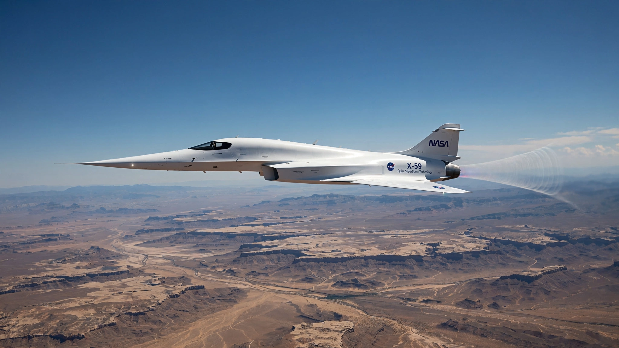 A sleek white experimental NASA X-59 supersonic aircraft flying at high altitude above desert terrain with a faint shockwave cone trailing behind it