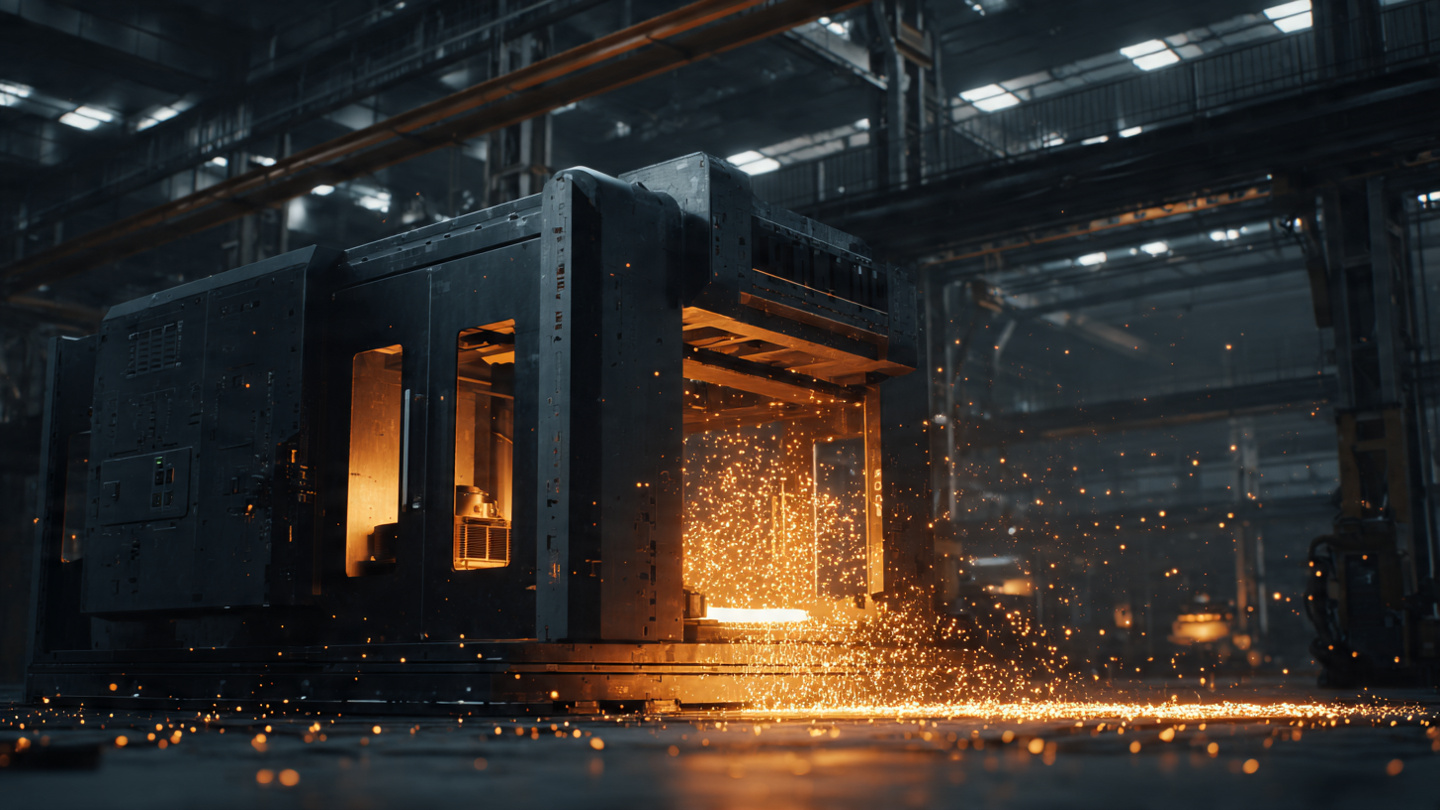 Industrial 3D printer depositing metal in a naval shipyard setting with submarine hull in background