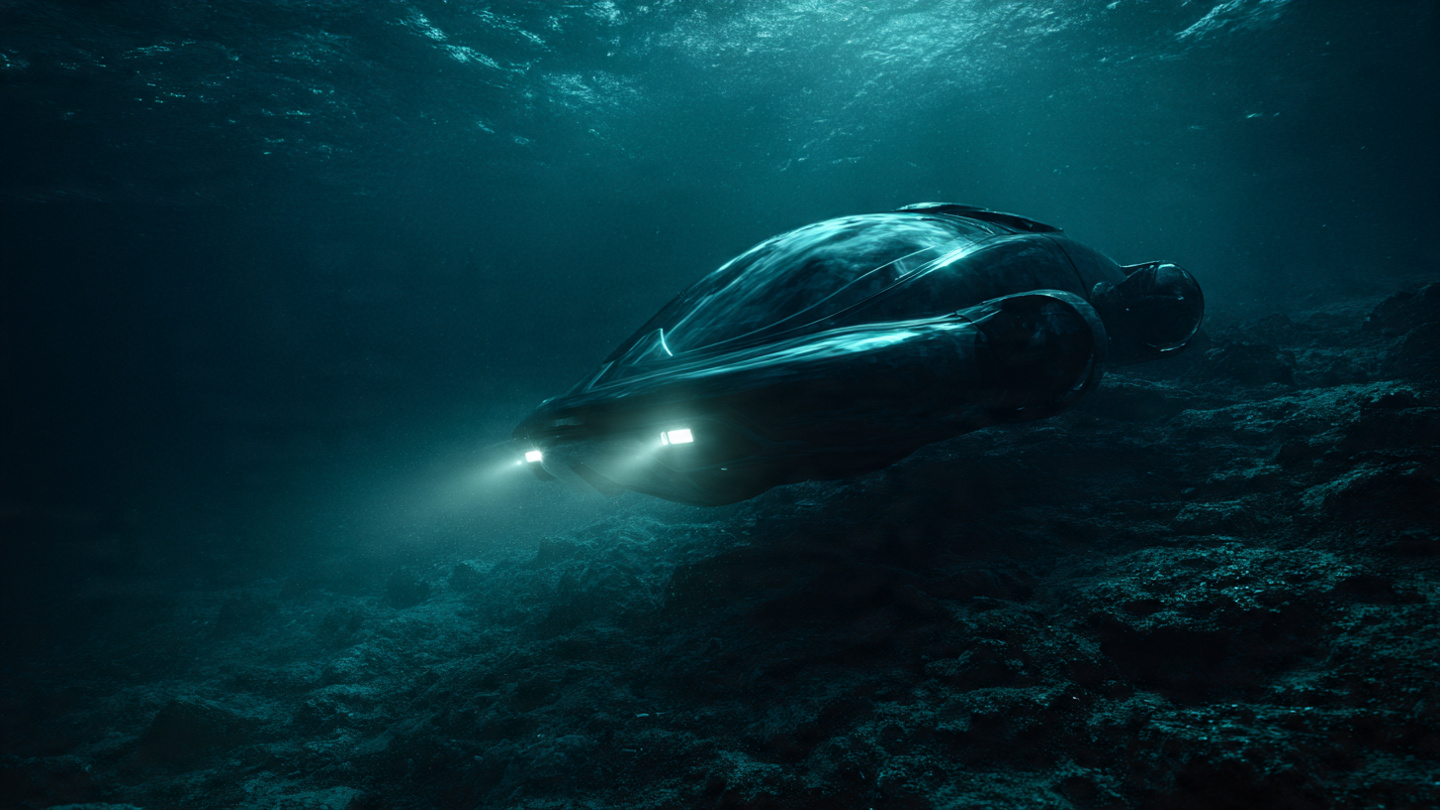 A sleek autonomous underwater vehicle gliding through deep dark ocean waters with bioluminescent plankton casting subtle blue-green light
