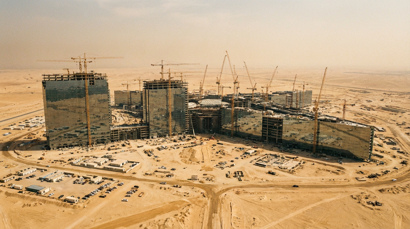 Aerial view of a massive construction site in a barren desert with half-built mirrored structures and idle cranes