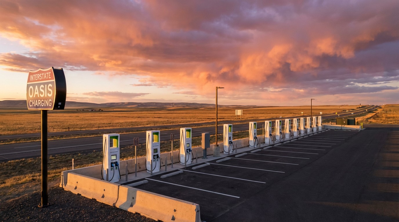 Row of federal EV charging stations along an interstate highway corridor
