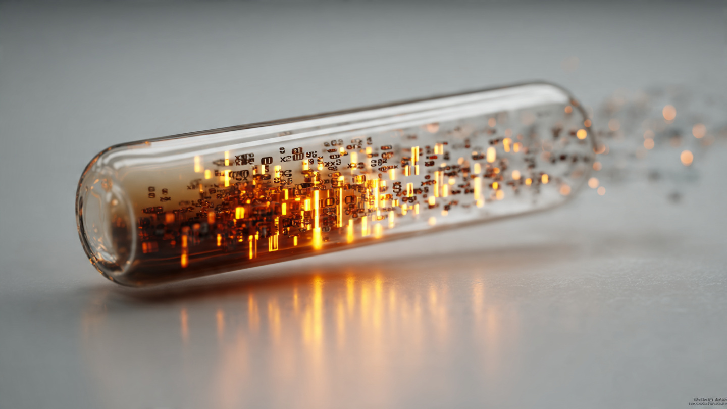 Blood vial on clinical surface with abstract DNA methylation data patterns