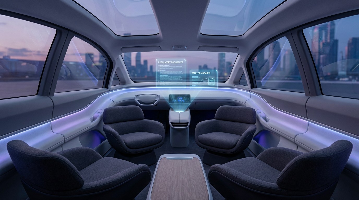 Interior of a futuristic autonomous vehicle with no steering wheel, minimalist cabin with ambient lighting