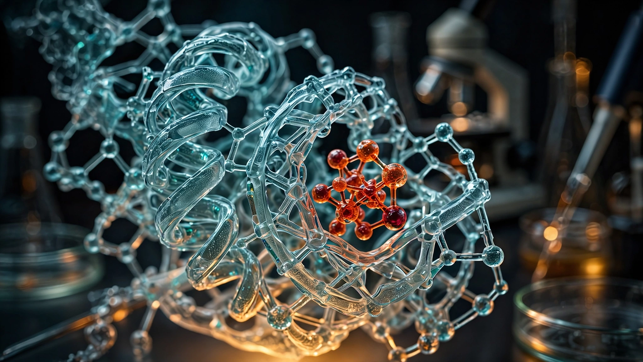 Abstract molecular visualization of a glowing protein scaffold cradling a small molecule drug in its binding pocket, rendered in cool blues and greens against a dark background with faint structural data overlays